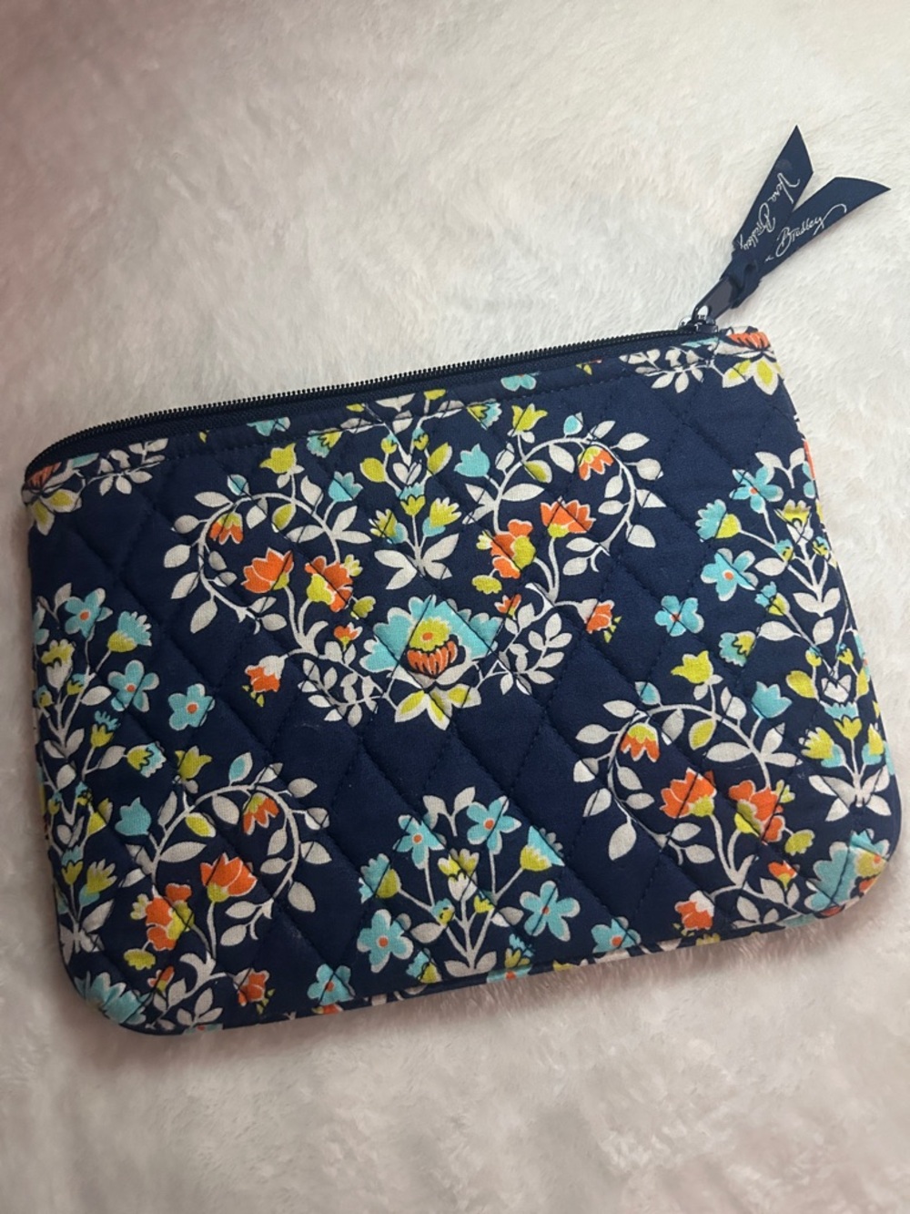 Vera Bradley Navy Quilted Floral Cosmetic Pouch with Turquoise & Orange Accents